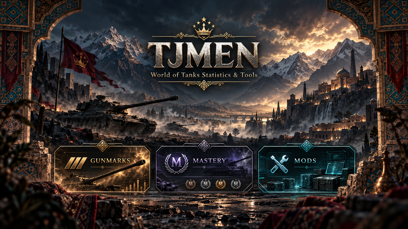 TJMEN crowned emblem above a mountain battlefield and ornate palace